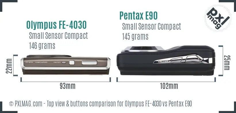 Olympus FE-4030 vs Pentax E90 top view buttons comparison