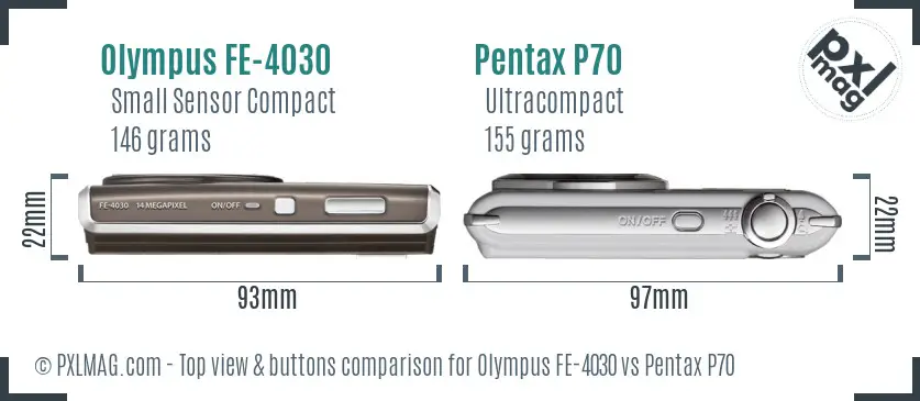 Olympus FE-4030 vs Pentax P70 top view buttons comparison