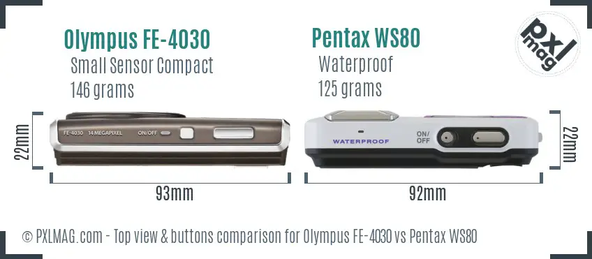 Olympus FE-4030 vs Pentax WS80 top view buttons comparison