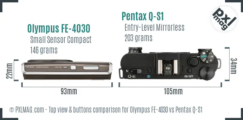 Olympus FE-4030 vs Pentax Q-S1 top view buttons comparison