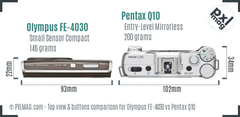 Olympus FE-4030 vs Pentax Q10 top view buttons comparison