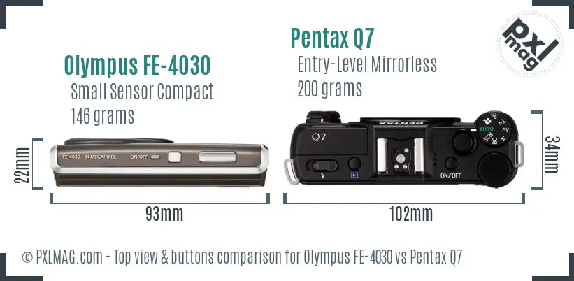 Olympus FE-4030 vs Pentax Q7 top view buttons comparison