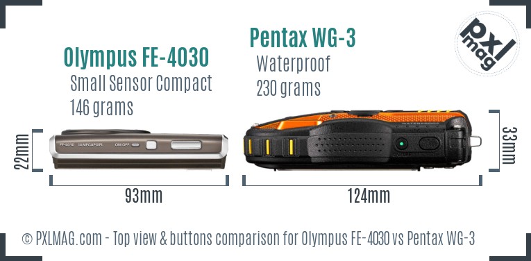 Olympus FE-4030 vs Pentax WG-3 top view buttons comparison