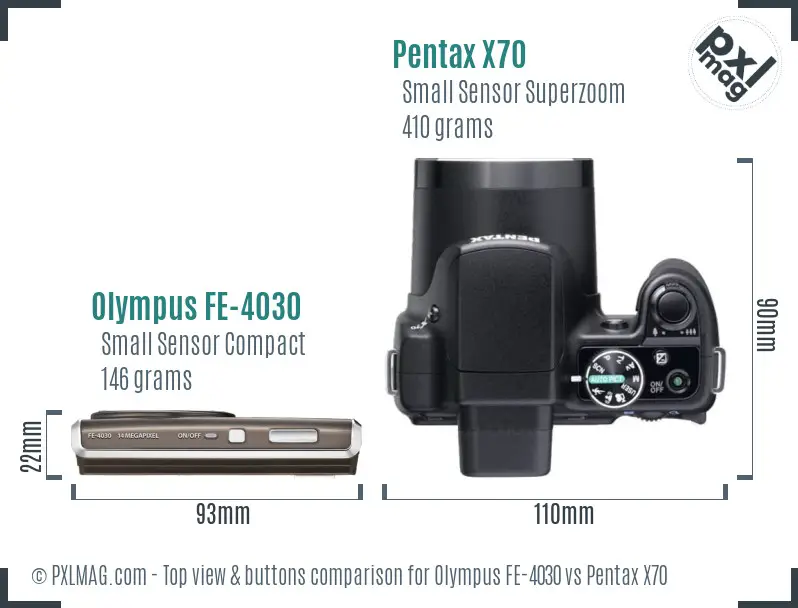 Olympus FE-4030 vs Pentax X70 top view buttons comparison Olympus FE-4030 vs Pentax X70 top view buttons comparison