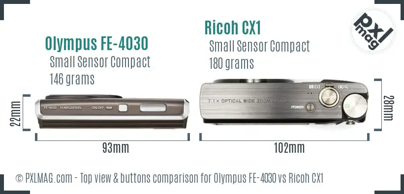 Olympus FE-4030 vs Ricoh CX1 top view buttons comparison Olympus FE-4030 vs Ricoh CX1 top view buttons comparison