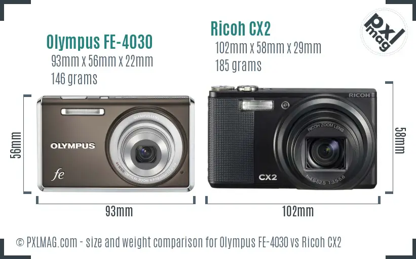 Olympus FE-4030 vs Ricoh CX2 size comparison