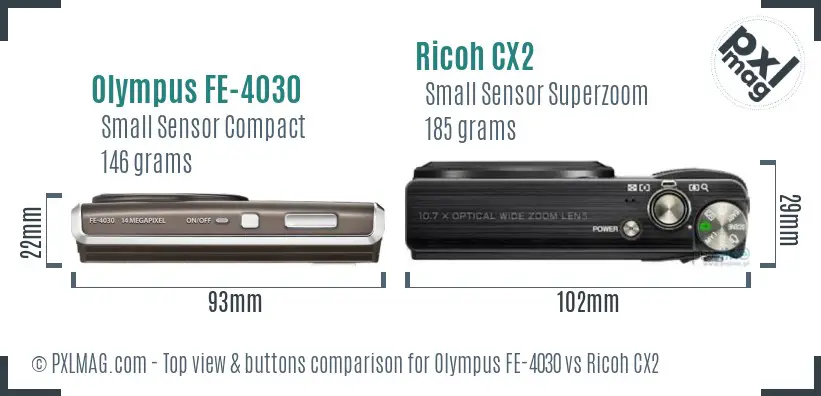 Olympus FE-4030 vs Ricoh CX2 top view buttons comparison