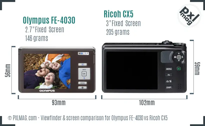 Olympus FE-4030 vs Ricoh CX5 Screen and Viewfinder comparison