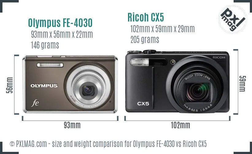 Olympus FE-4030 vs Ricoh CX5 size comparison