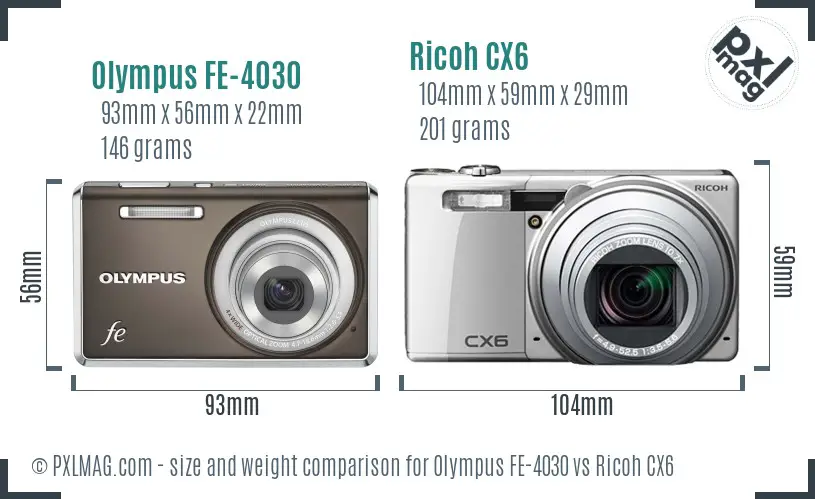 Olympus FE-4030 vs Ricoh CX6 size comparison