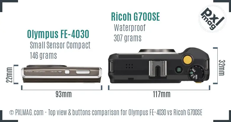 Olympus FE-4030 vs Ricoh G700SE top view buttons comparison Olympus FE-4030 vs Ricoh G700SE top view buttons comparison