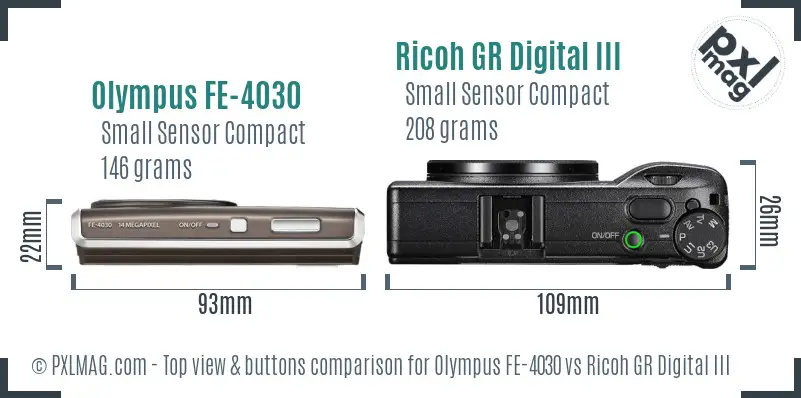 Olympus FE-4030 vs Ricoh GR Digital III top view buttons comparison