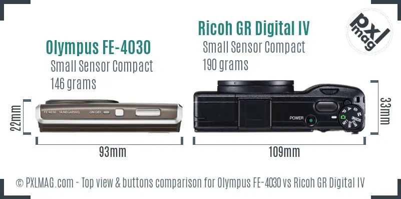 Olympus FE-4030 vs Ricoh GR Digital IV top view buttons comparison