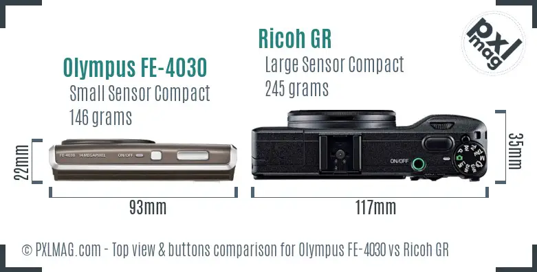 Olympus FE-4030 vs Ricoh GR top view buttons comparison Olympus FE-4030 vs Ricoh GR top view buttons comparison