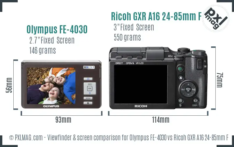 Olympus FE-4030 vs Ricoh GXR A16 24-85mm F3.5-5.5 Screen and Viewfinder comparison