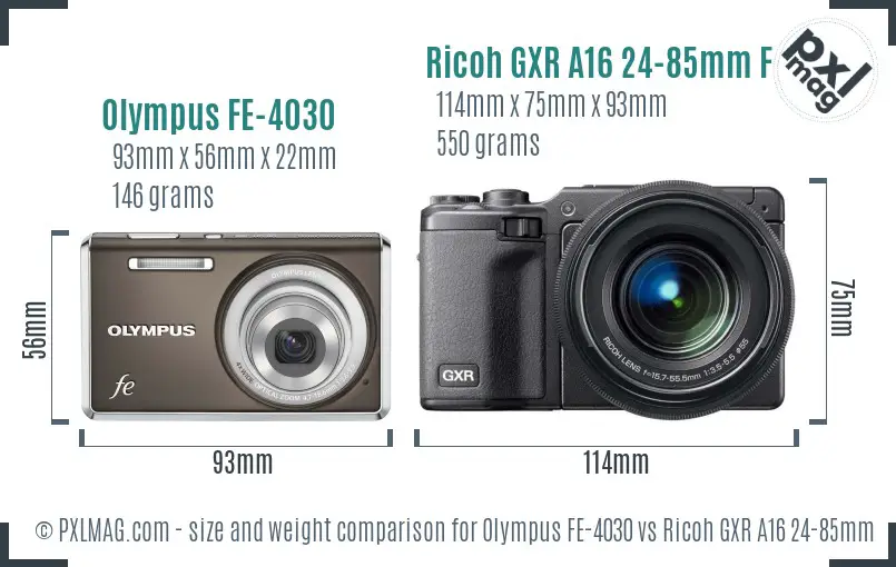 Olympus FE-4030 vs Ricoh GXR A16 24-85mm F3.5-5.5 size comparison