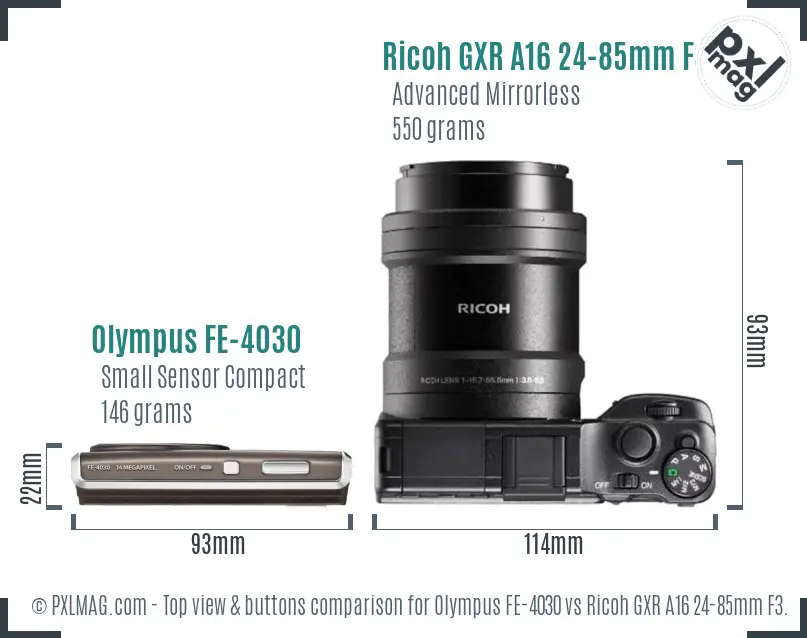 Olympus FE-4030 vs Ricoh GXR A16 24-85mm F3.5-5.5 top view buttons comparison