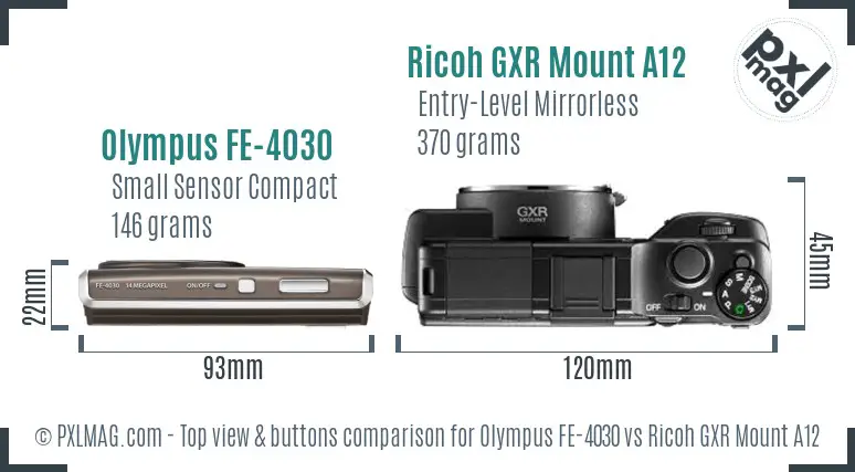 Olympus FE-4030 vs Ricoh GXR Mount A12 top view buttons comparison