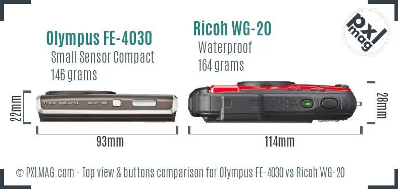 Olympus FE-4030 vs Ricoh WG-20 top view buttons comparison Olympus FE-4030 vs Ricoh WG-20 top view buttons comparison