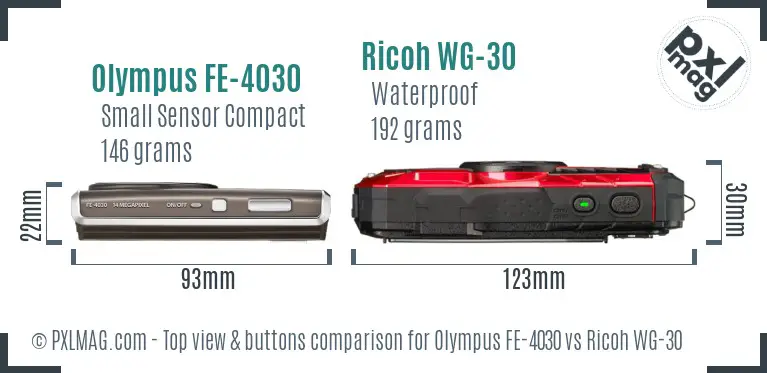 Olympus FE-4030 vs Ricoh WG-30 top view buttons comparison