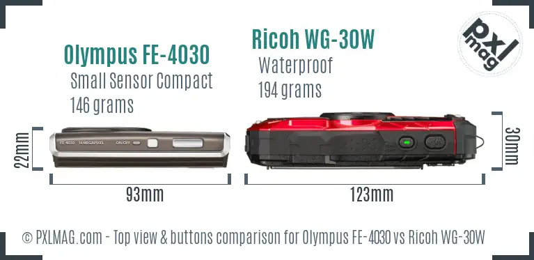 Olympus FE-4030 vs Ricoh WG-30W top view buttons comparison