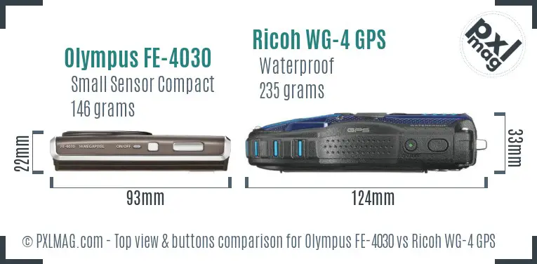 Olympus FE-4030 vs Ricoh WG-4 GPS top view buttons comparison