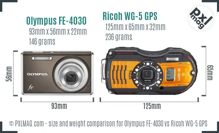 Olympus FE-4030 vs Ricoh WG-5 GPS size comparison Olympus FE-4030 vs Ricoh WG-5 GPS size comparison