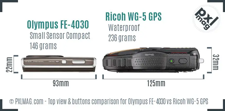 Olympus FE-4030 vs Ricoh WG-5 GPS top view buttons comparison Olympus FE-4030 vs Ricoh WG-5 GPS top view buttons comparison