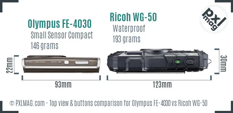 Olympus FE-4030 vs Ricoh WG-50 top view buttons comparison