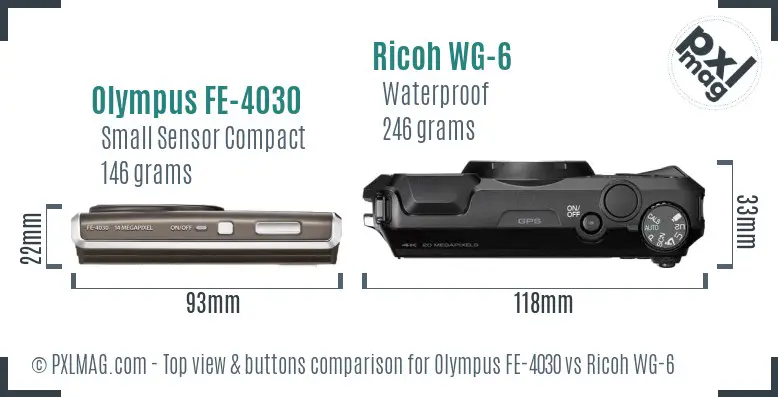 Olympus FE-4030 vs Ricoh WG-6 top view buttons comparison