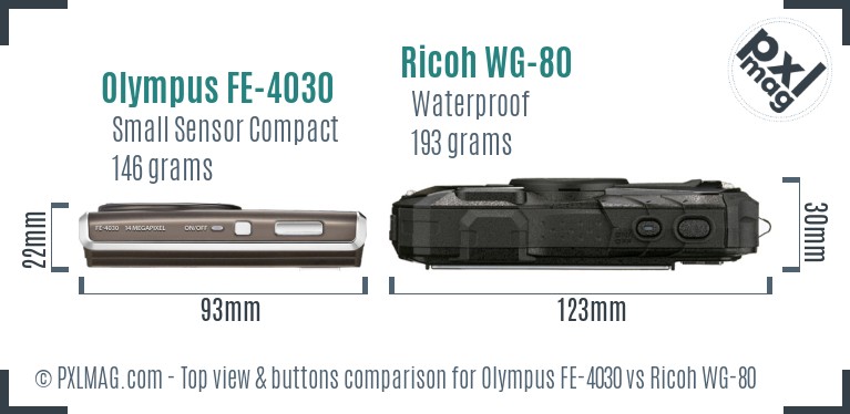Olympus FE-4030 vs Ricoh WG-80 top view buttons comparison