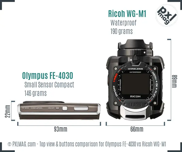 Olympus FE-4030 vs Ricoh WG-M1 top view buttons comparison Olympus FE-4030 vs Ricoh WG-M1 top view buttons comparison
