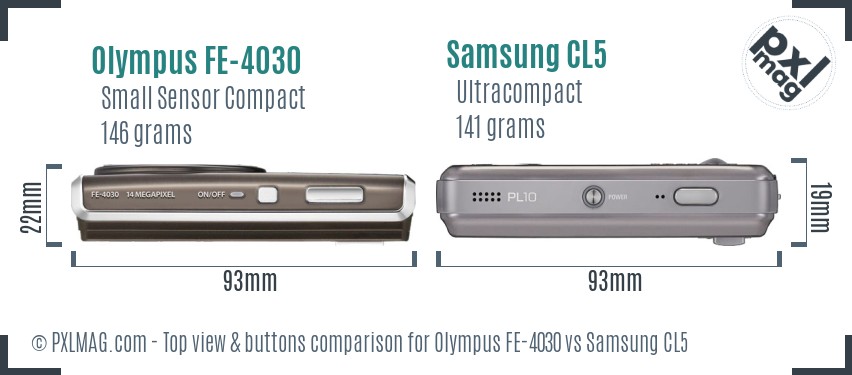 Olympus FE-4030 vs Samsung CL5 top view buttons comparison