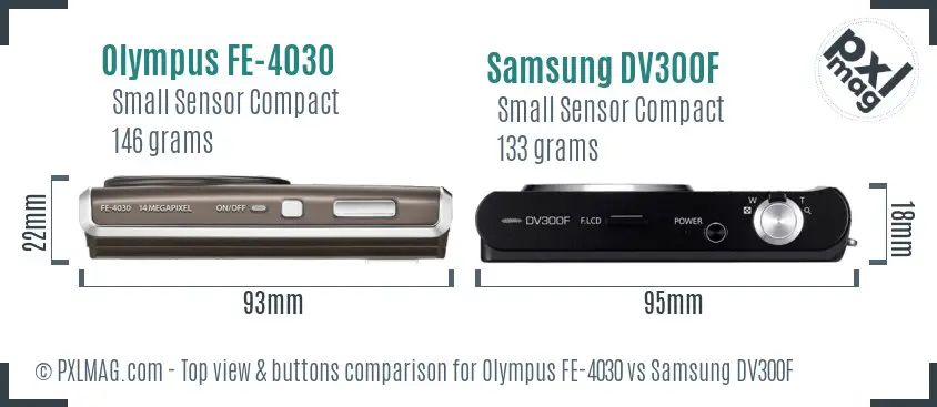 Olympus FE-4030 vs Samsung DV300F top view buttons comparison Olympus FE-4030 vs Samsung DV300F top view buttons comparison