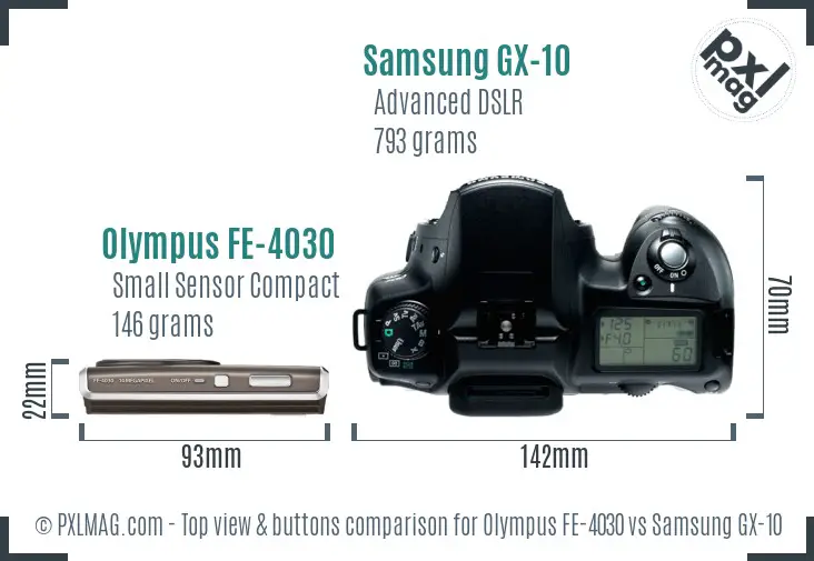 Olympus FE-4030 vs Samsung GX-10 top view buttons comparison