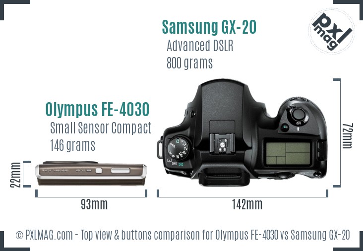 Olympus FE-4030 vs Samsung GX-20 top view buttons comparison