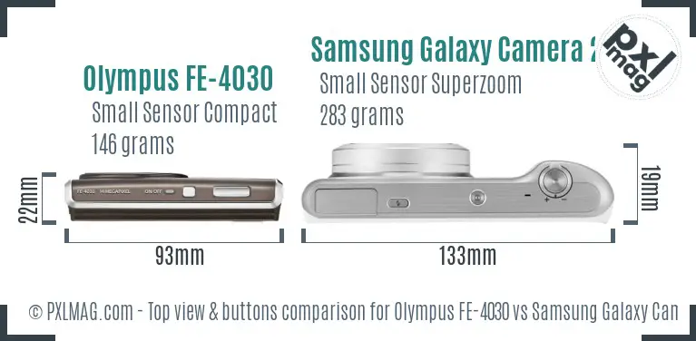 Olympus FE-4030 vs Samsung Galaxy Camera 2 top view buttons comparison