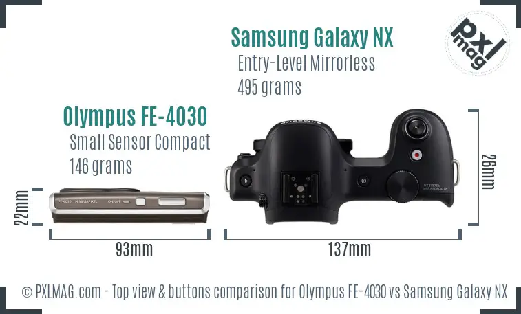 Olympus FE-4030 vs Samsung Galaxy NX top view buttons comparison Olympus FE-4030 vs Samsung Galaxy NX top view buttons comparison
