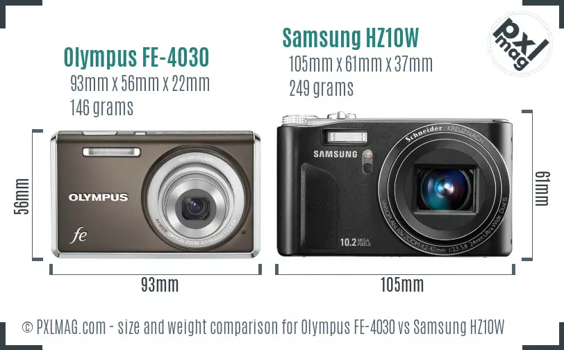Olympus FE-4030 vs Samsung HZ10W size comparison