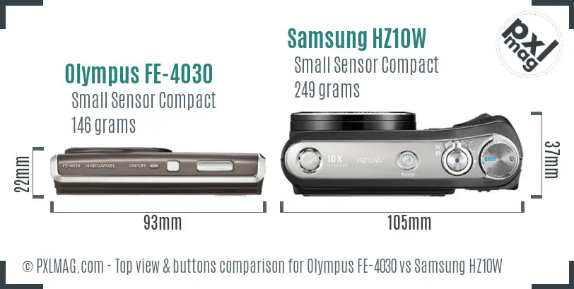 Olympus FE-4030 vs Samsung HZ10W top view buttons comparison