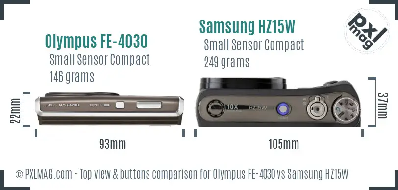 Olympus FE-4030 vs Samsung HZ15W top view buttons comparison