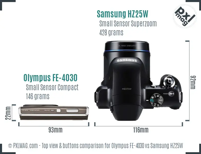 Olympus FE-4030 vs Samsung HZ25W top view buttons comparison