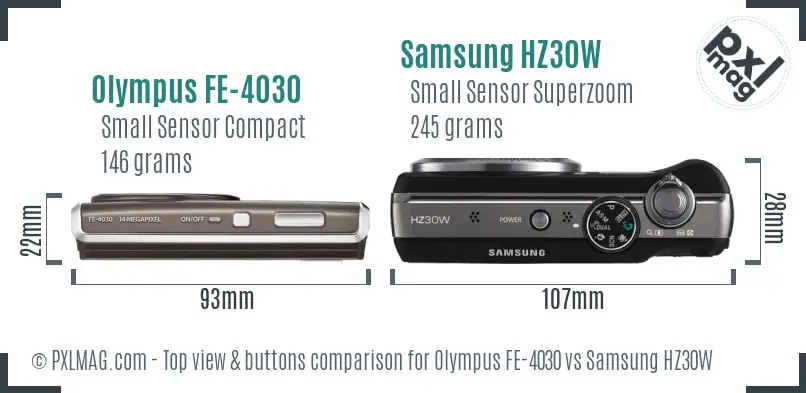 Olympus FE-4030 vs Samsung HZ30W top view buttons comparison