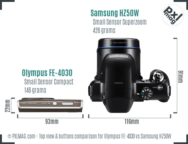 Olympus FE-4030 vs Samsung HZ50W top view buttons comparison