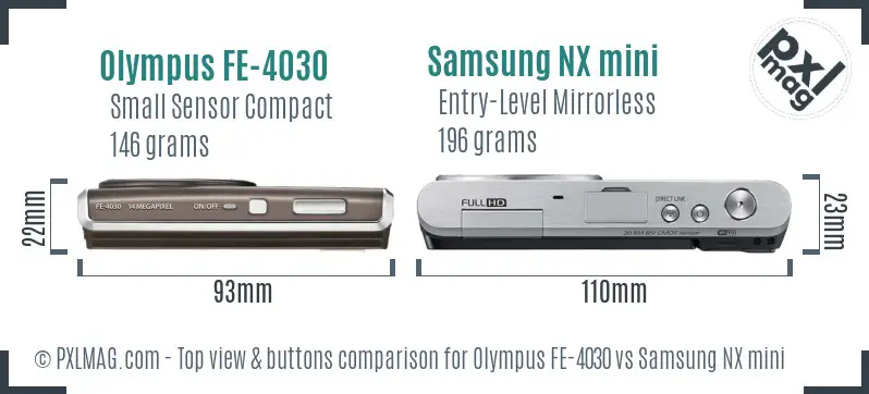 Olympus FE-4030 vs Samsung NX mini top view buttons comparison