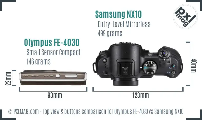 Olympus FE-4030 vs Samsung NX10 top view buttons comparison