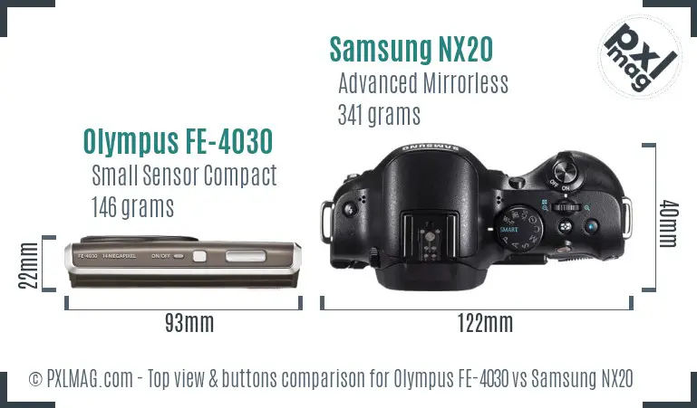 Olympus FE-4030 vs Samsung NX20 top view buttons comparison