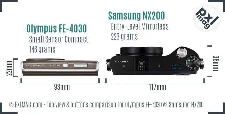 Olympus FE-4030 vs Samsung NX200 top view buttons comparison Olympus FE-4030 vs Samsung NX200 top view buttons comparison