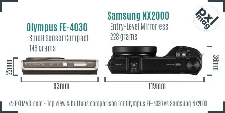Olympus FE-4030 vs Samsung NX2000 top view buttons comparison Olympus FE-4030 vs Samsung NX2000 top view buttons comparison