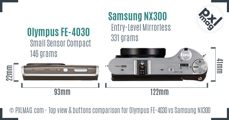 Olympus FE-4030 vs Samsung NX300 top view buttons comparison